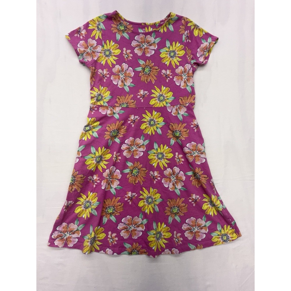 Lands End Kids Short Sleeve Pink Flowered Knit Dress Size L 14